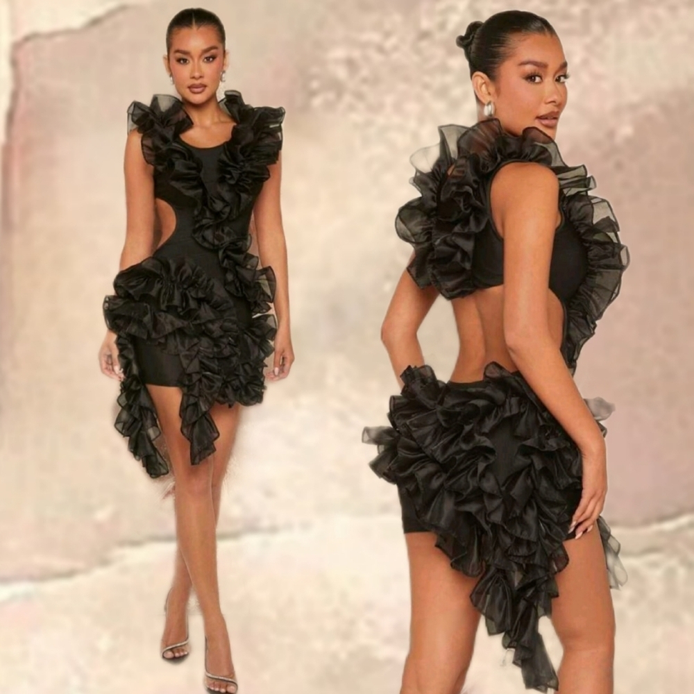 NWT Salsa Black Ruffle Asymmetrical Hem Cut Out Dress Sz Large